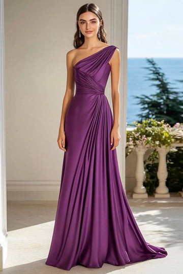 A Line One Shoulder Ruched Purple Formal Dress